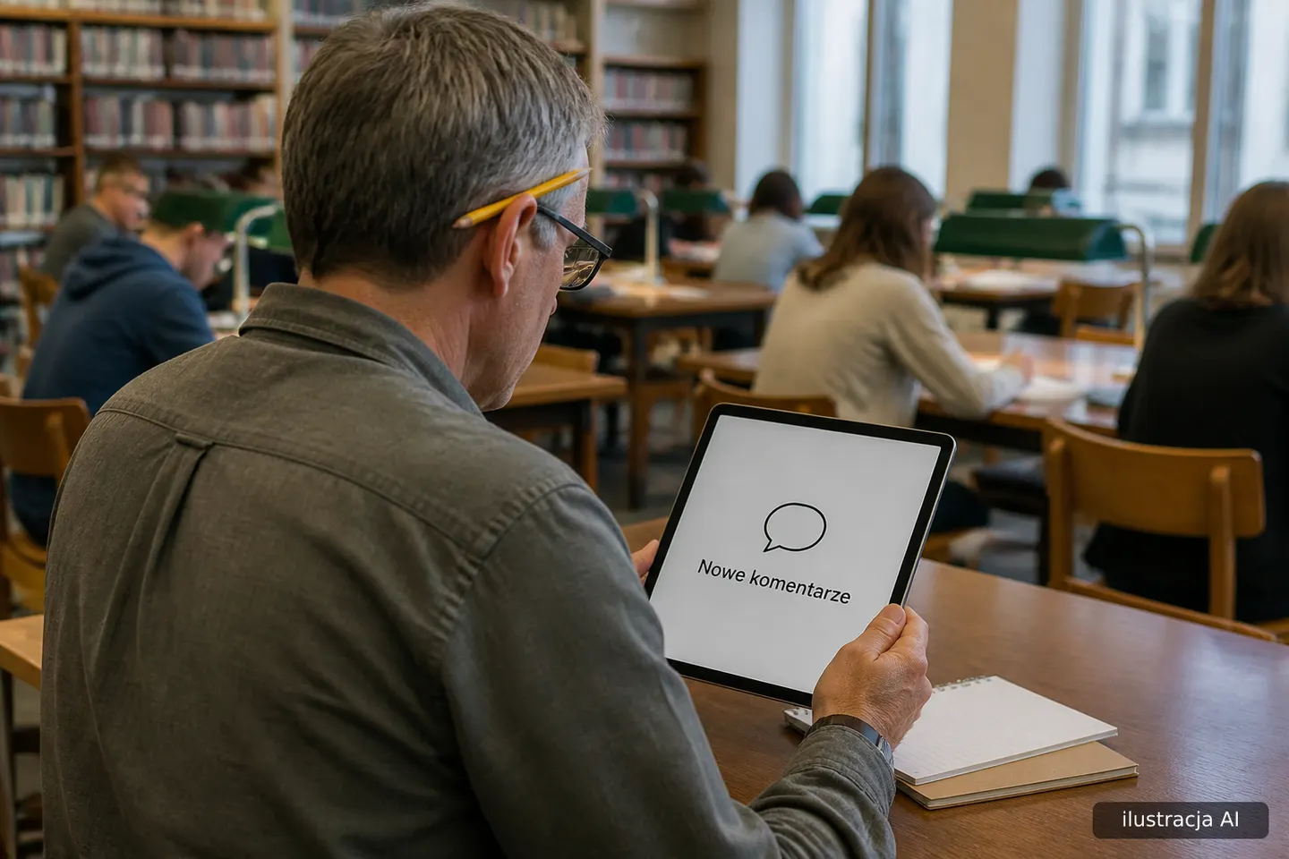 Mężczyzna przegląda komentarze pod filmami na tablecie w bibliotece.